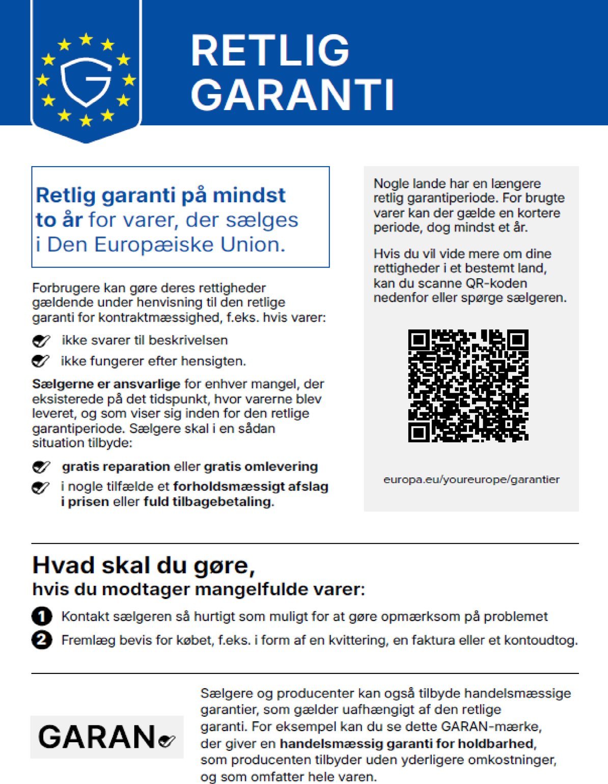 Legal guarantee: goods bought in the EU come with a legal guarantee of conformity of at least two years. The QR code leads to further information on the “Your Europe” portal.