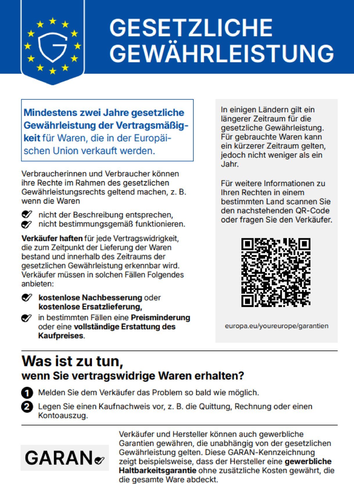 Gesetzliche Gewährleistung: Beim Kauf von Waren in der EU gilt ein gesetzliches Gewährleistungsrecht von mindestens zwei Jahren. Der QR-Code führt zu weiteren Informationen im Portal „Ihr Europa“.