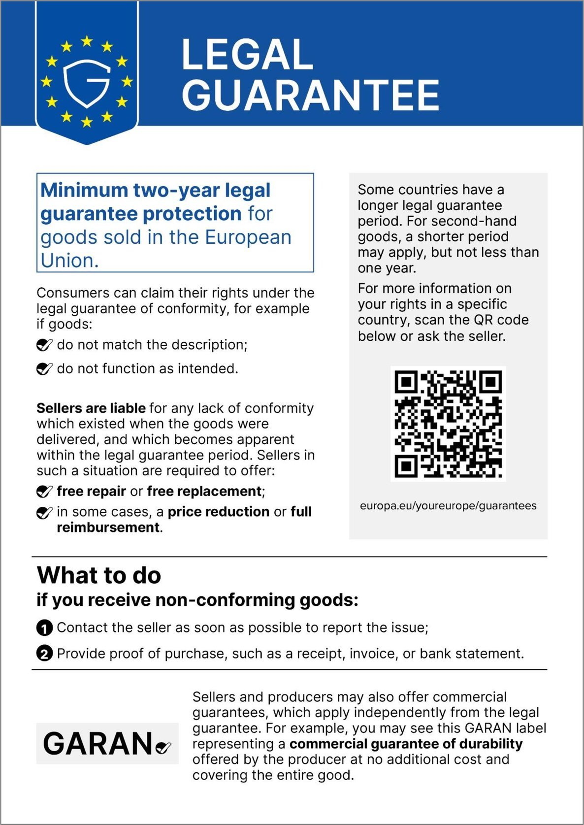 Legal guarantee: goods bought in the EU come with a legal guarantee of conformity of at least two years. The QR code leads to further information on the “Your Europe” portal.