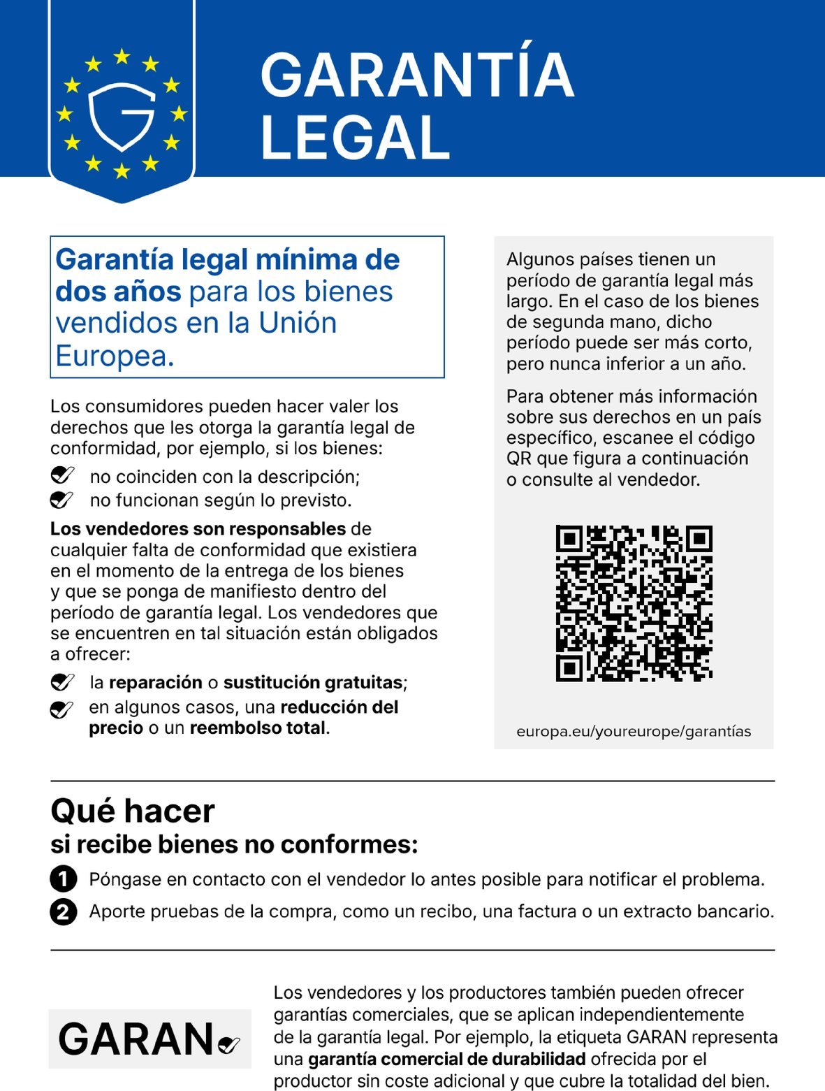 Legal guarantee: goods bought in the EU come with a legal guarantee of conformity of at least two years. The QR code leads to further information on the “Your Europe” portal.