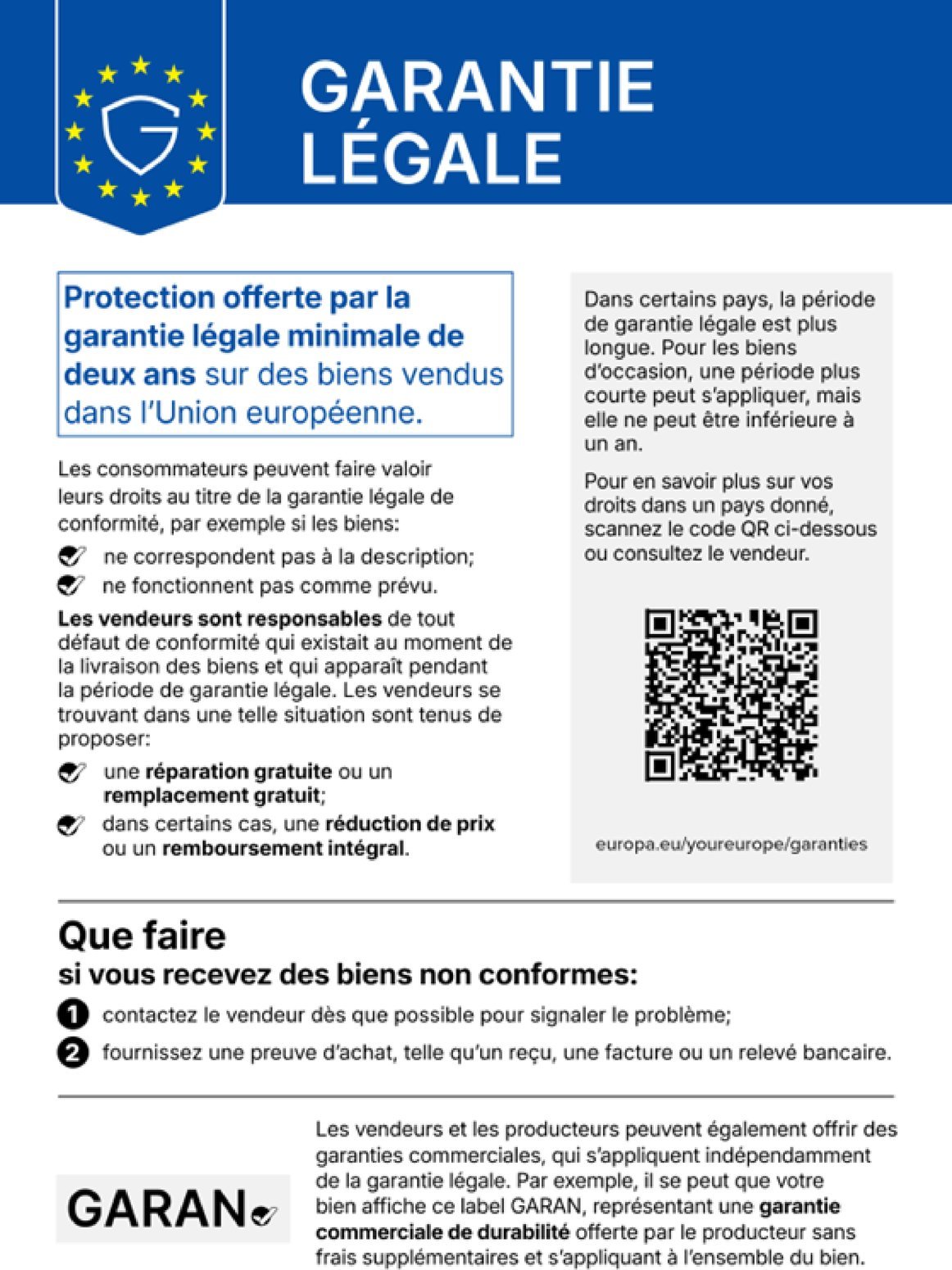 Legal guarantee: goods bought in the EU come with a legal guarantee of conformity of at least two years. The QR code leads to further information on the “Your Europe” portal.