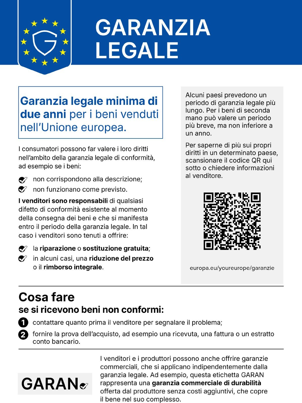 Legal guarantee: goods bought in the EU come with a legal guarantee of conformity of at least two years. The QR code leads to further information on the “Your Europe” portal.