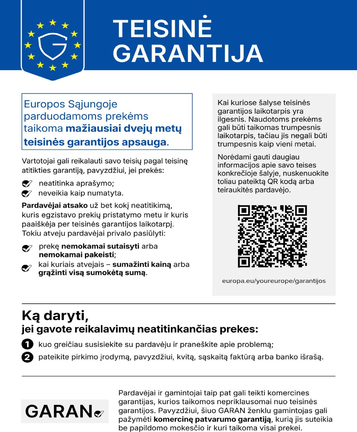 Legal guarantee: goods bought in the EU come with a legal guarantee of conformity of at least two years. The QR code leads to further information on the “Your Europe” portal.
