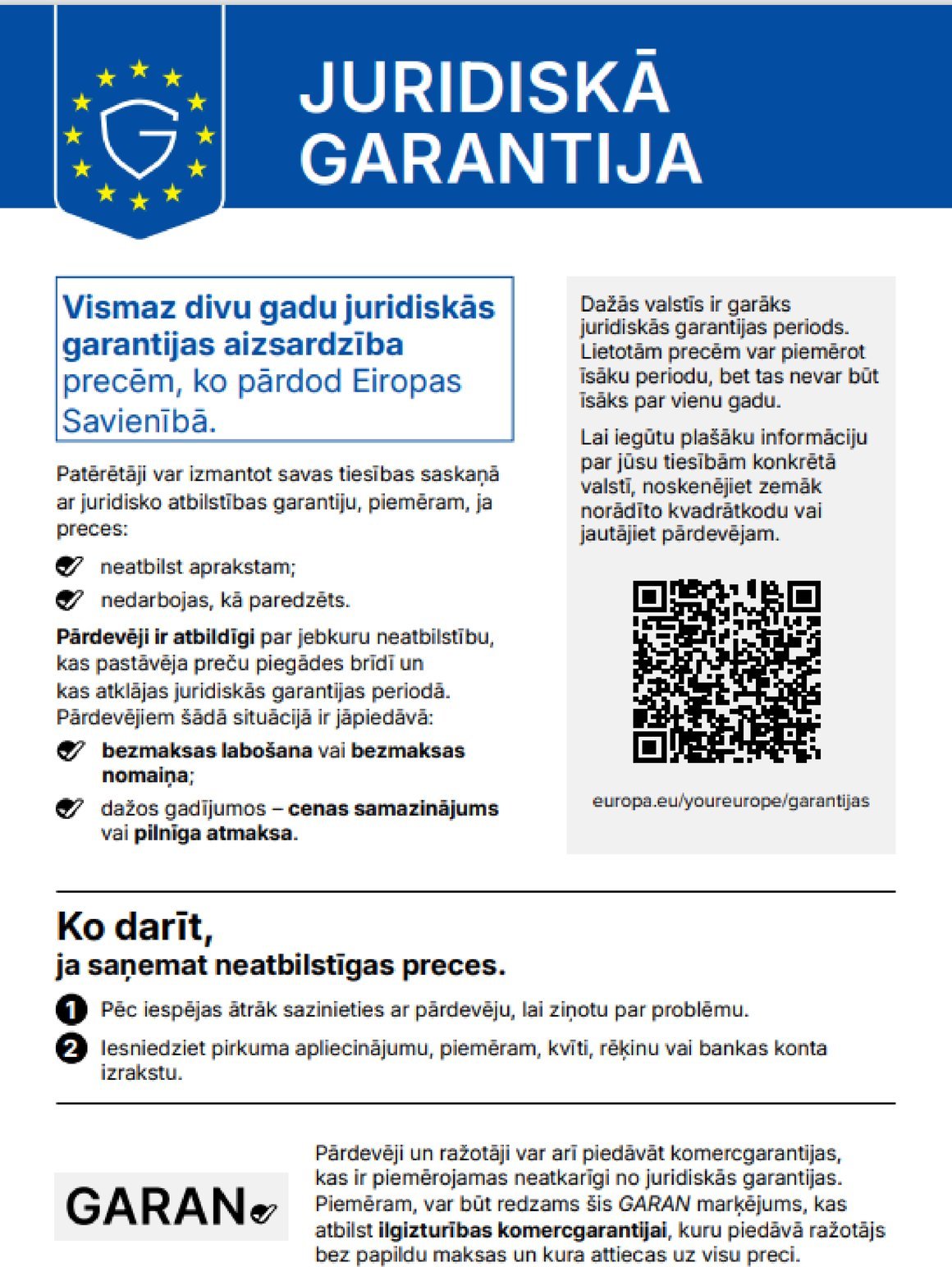 Legal guarantee: goods bought in the EU come with a legal guarantee of conformity of at least two years. The QR code leads to further information on the “Your Europe” portal.