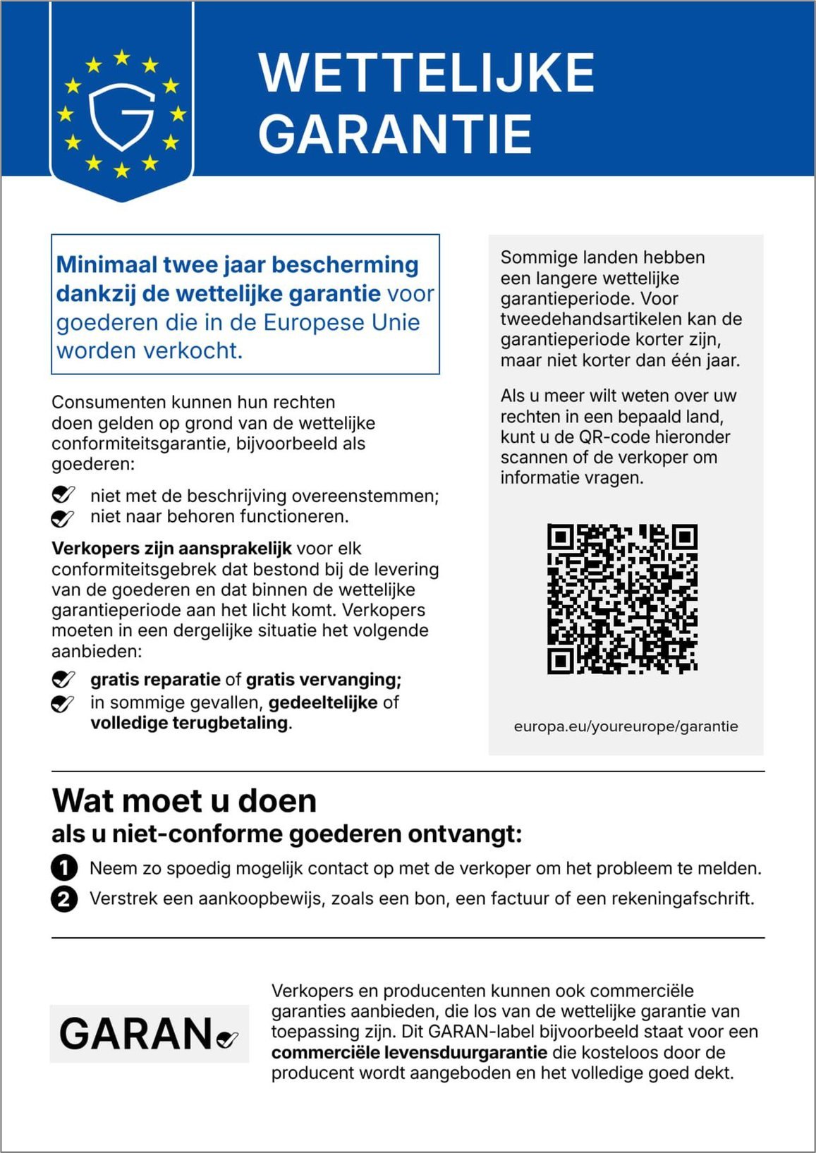 Legal guarantee: goods bought in the EU come with a legal guarantee of conformity of at least two years. The QR code leads to further information on the “Your Europe” portal.