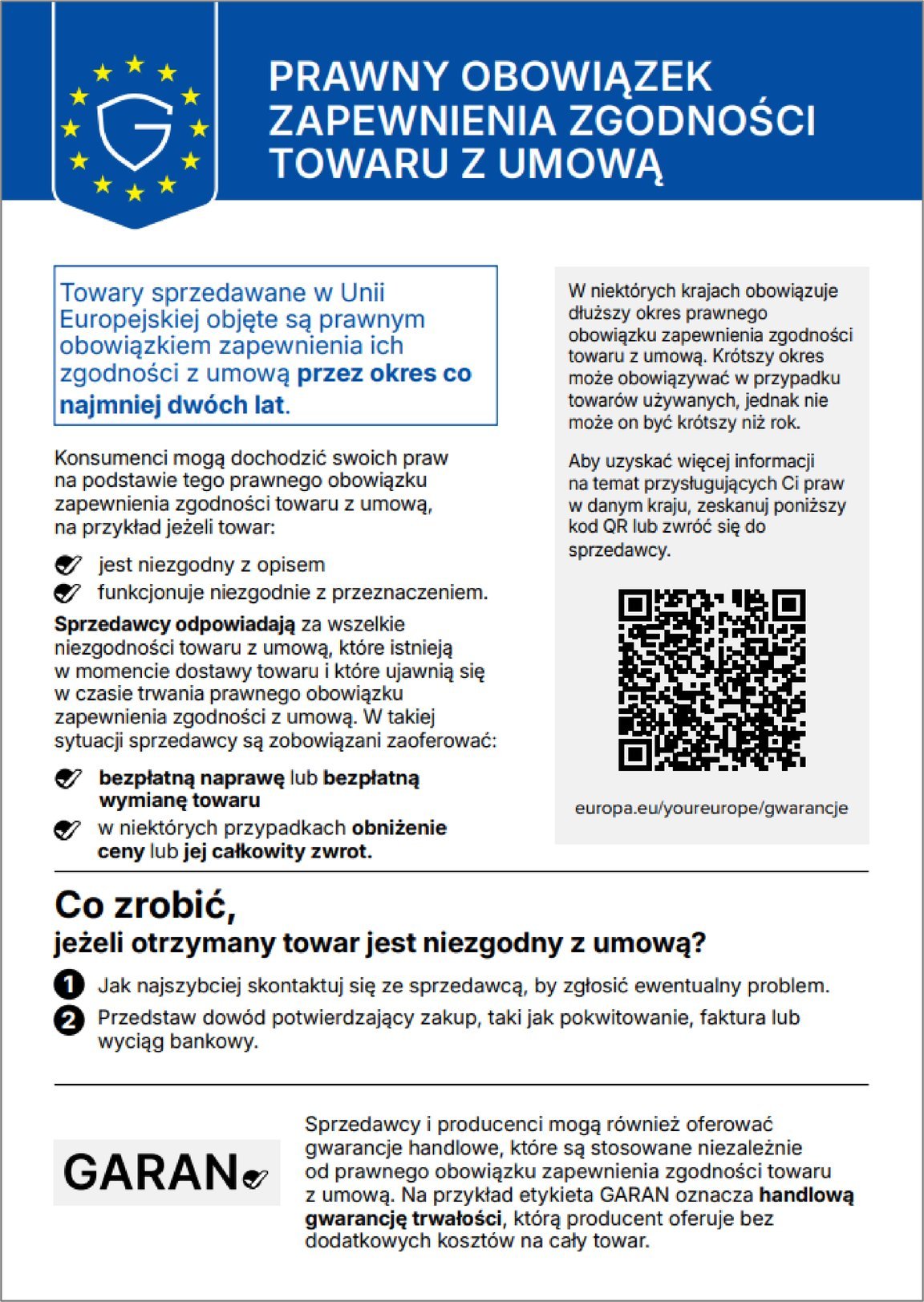 Legal guarantee: goods bought in the EU come with a legal guarantee of conformity of at least two years. The QR code leads to further information on the “Your Europe” portal.