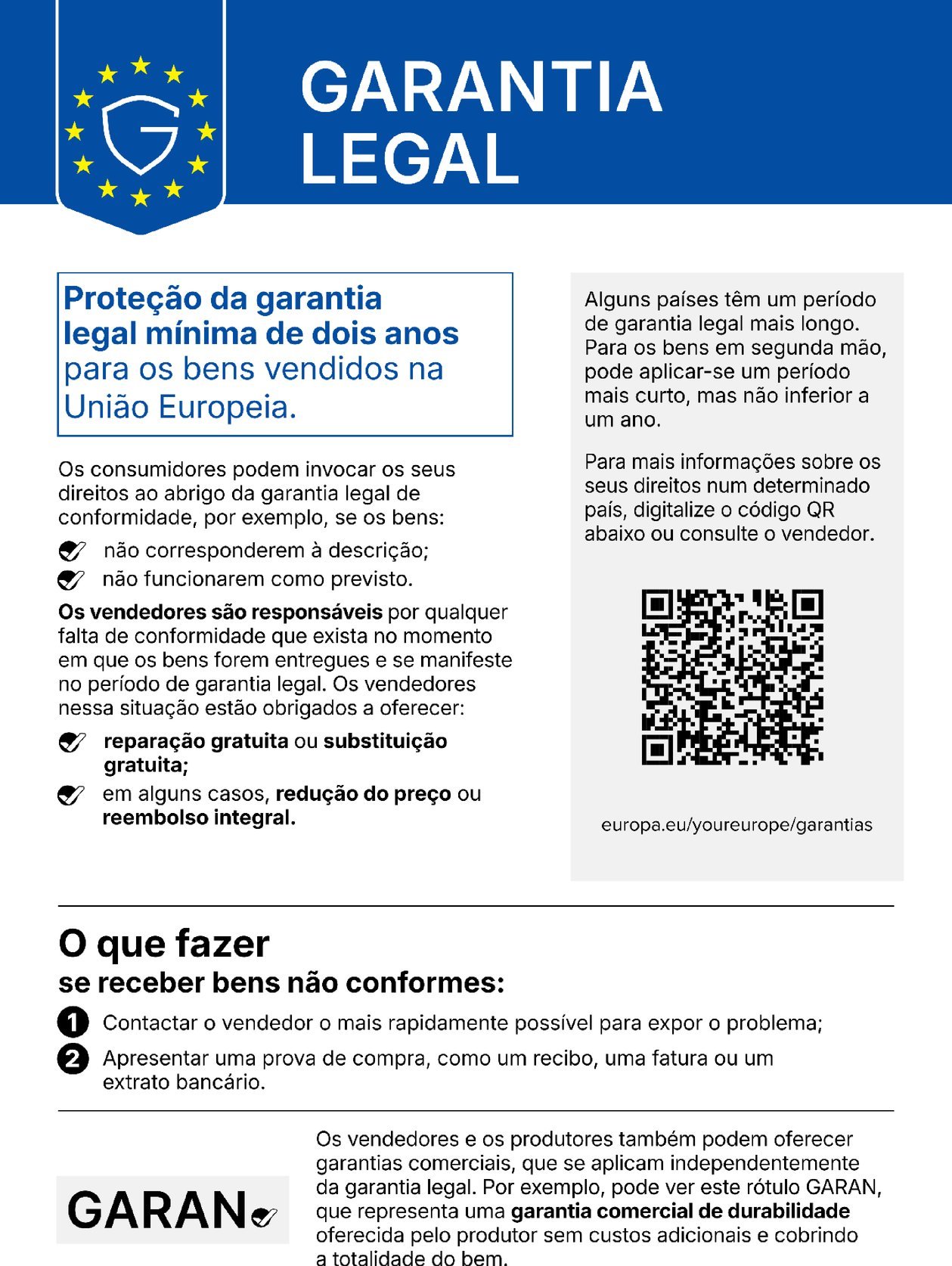 Legal guarantee: goods bought in the EU come with a legal guarantee of conformity of at least two years. The QR code leads to further information on the “Your Europe” portal.