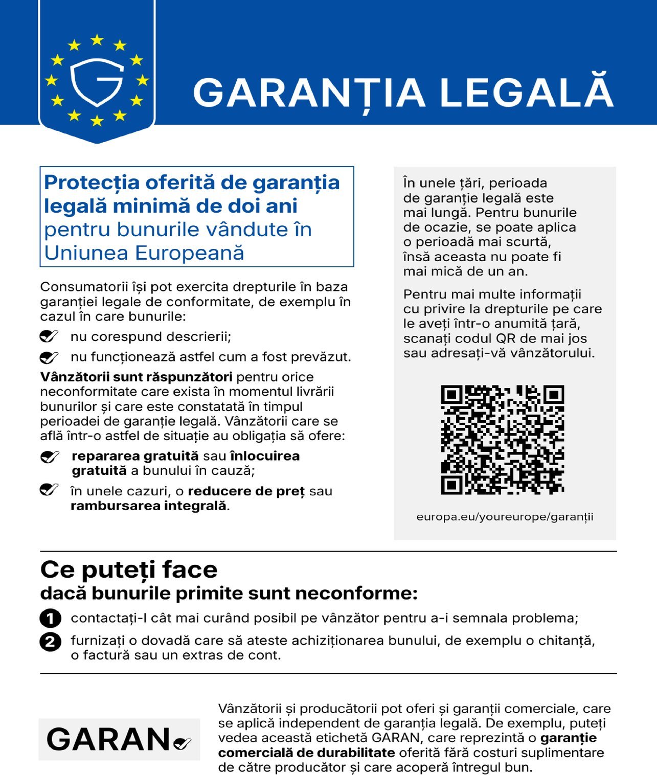Legal guarantee: goods bought in the EU come with a legal guarantee of conformity of at least two years. The QR code leads to further information on the “Your Europe” portal.