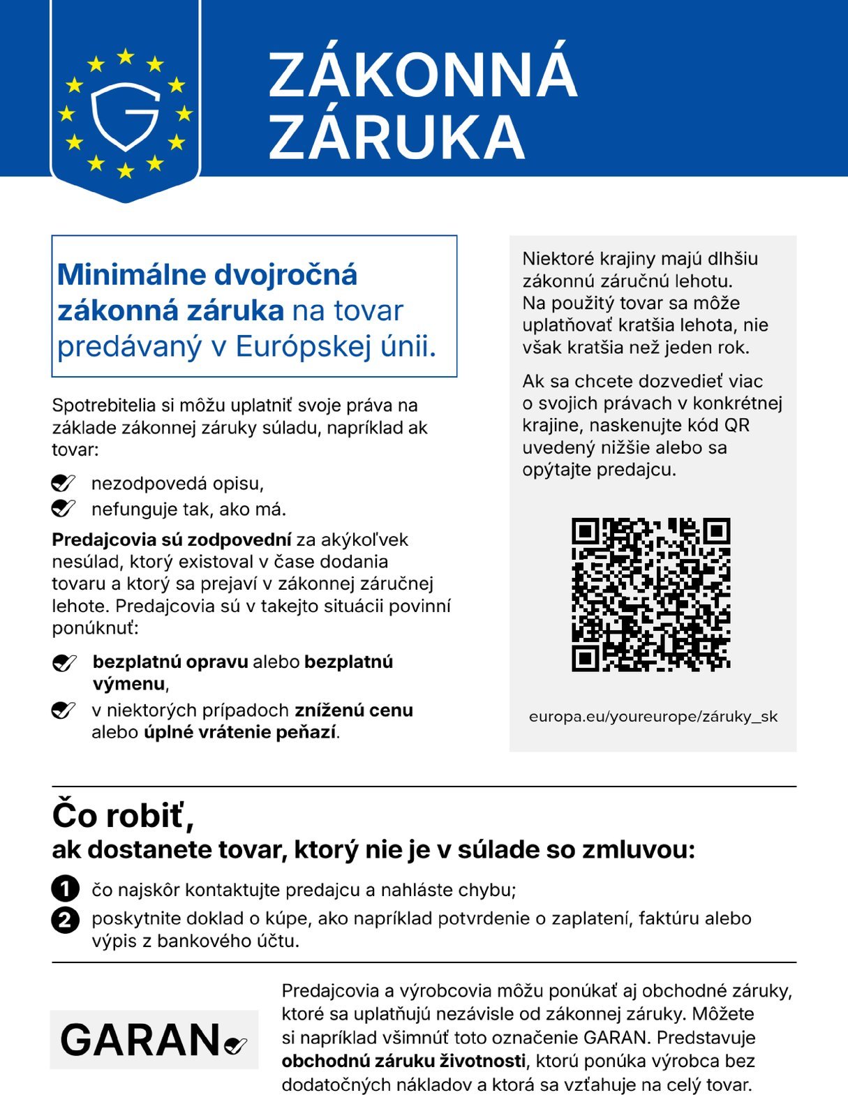 Legal guarantee: goods bought in the EU come with a legal guarantee of conformity of at least two years. The QR code leads to further information on the “Your Europe” portal.