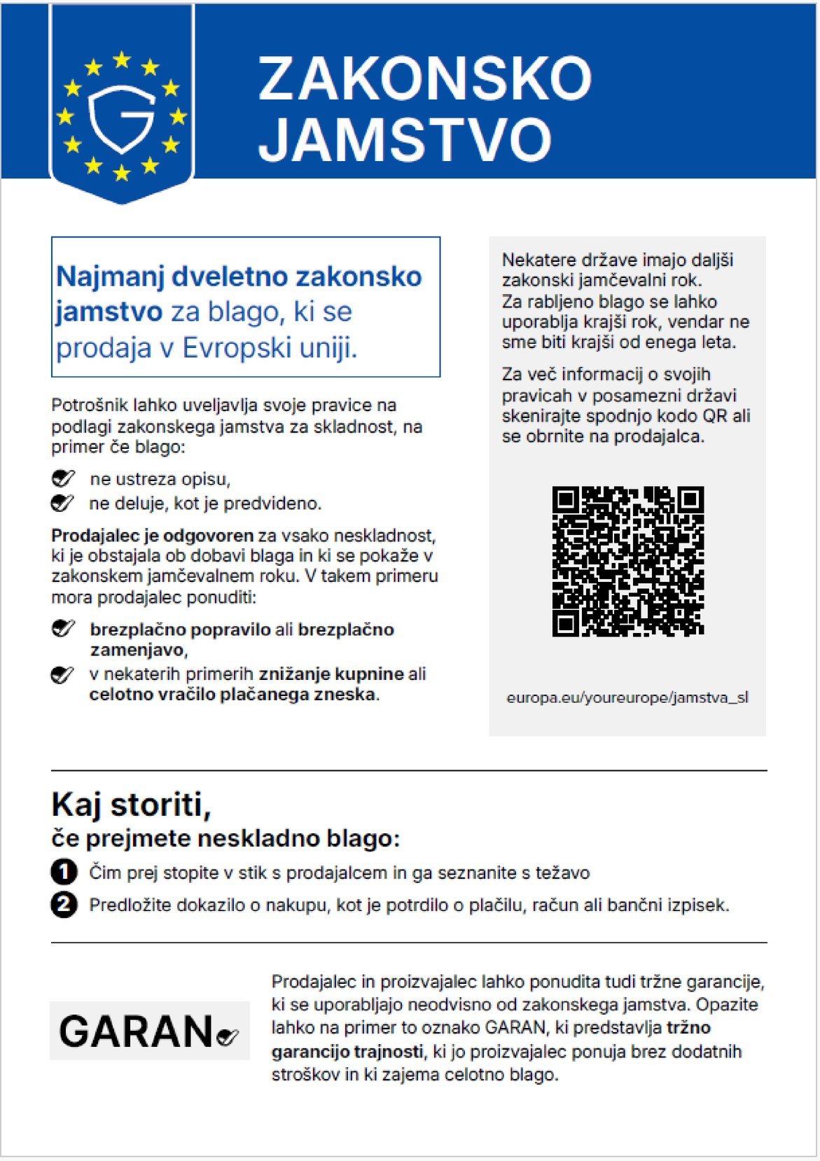 Legal guarantee: goods bought in the EU come with a legal guarantee of conformity of at least two years. The QR code leads to further information on the “Your Europe” portal.