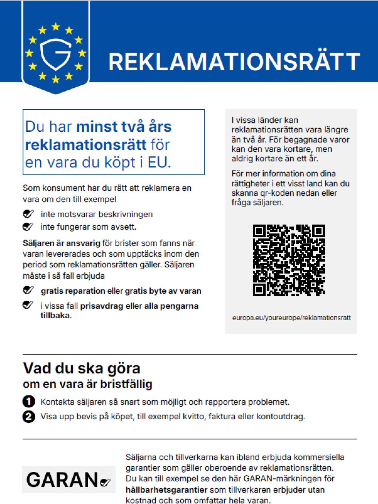 Legal guarantee: goods bought in the EU come with a legal guarantee of conformity of at least two years. The QR code leads to further information on the “Your Europe” portal.